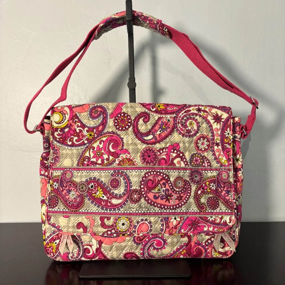 Vera Bradley Paisley Meets Plaid Pink and Gray Quilted Messenger Bag
